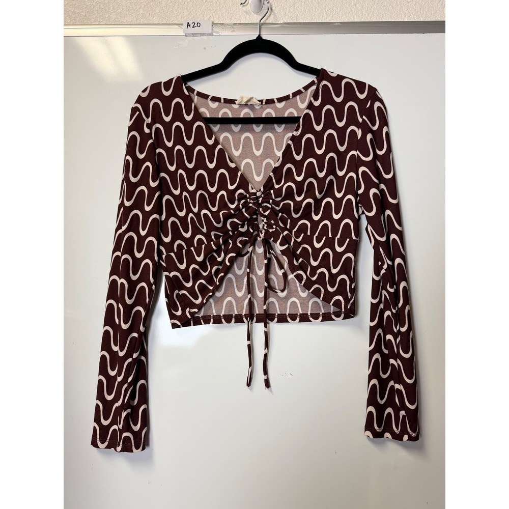 Meraki Burgundy Wavy Geometric Ruched Front Long Sleeve Crop Top XL
